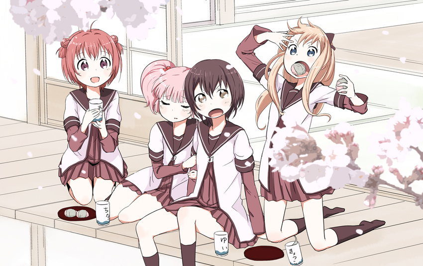 9so_(ponchon) :d akaza_akari arm_hug blonde_hair blue_eyes brown_eyes brown_hair closed_eyes funami_yui multiple_girls nanamori_school_uniform open_mouth pink_hair purple_eyes red_hair school_uniform seiza serafuku sitting smile toshinou_kyouko yoshikawa_chinatsu yuru_yuri