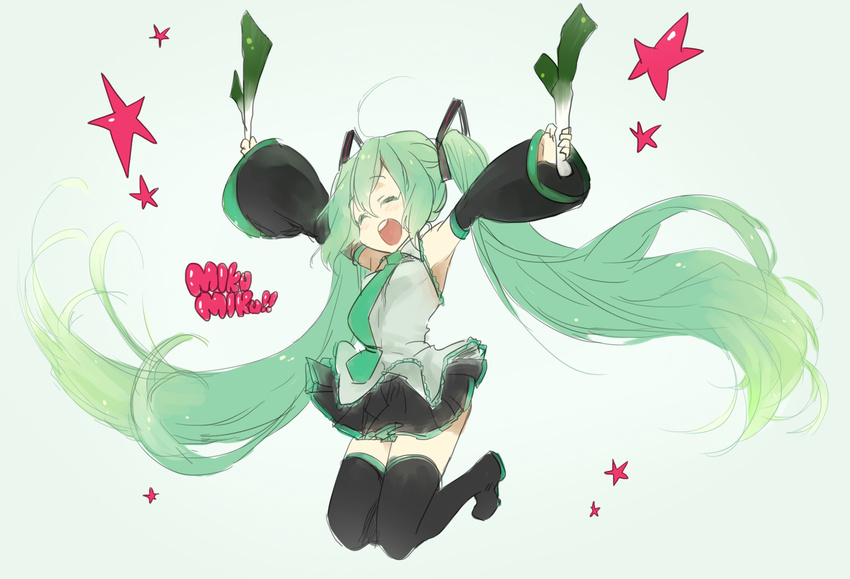 aqua_hair catgirl0926 hatsune_miku highres long_hair necktie sketch smile solo spring_onion star twintails vocaloid