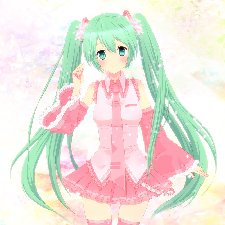 blush detached_sleeves green_eyes green_hair hatsune_miku highres long_hair looking_at_viewer necktie petals skirt smile solo thighhighs twintails very_long_hair vocaloid yunca