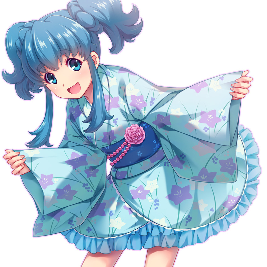 alternate_costume blue_eyes blue_hair blush happinesscharge_precure! highres japanese_clothes kimono open_mouth precure sayousuke shirayuki_hime short_hair solo twintails white_background wide_sleeves