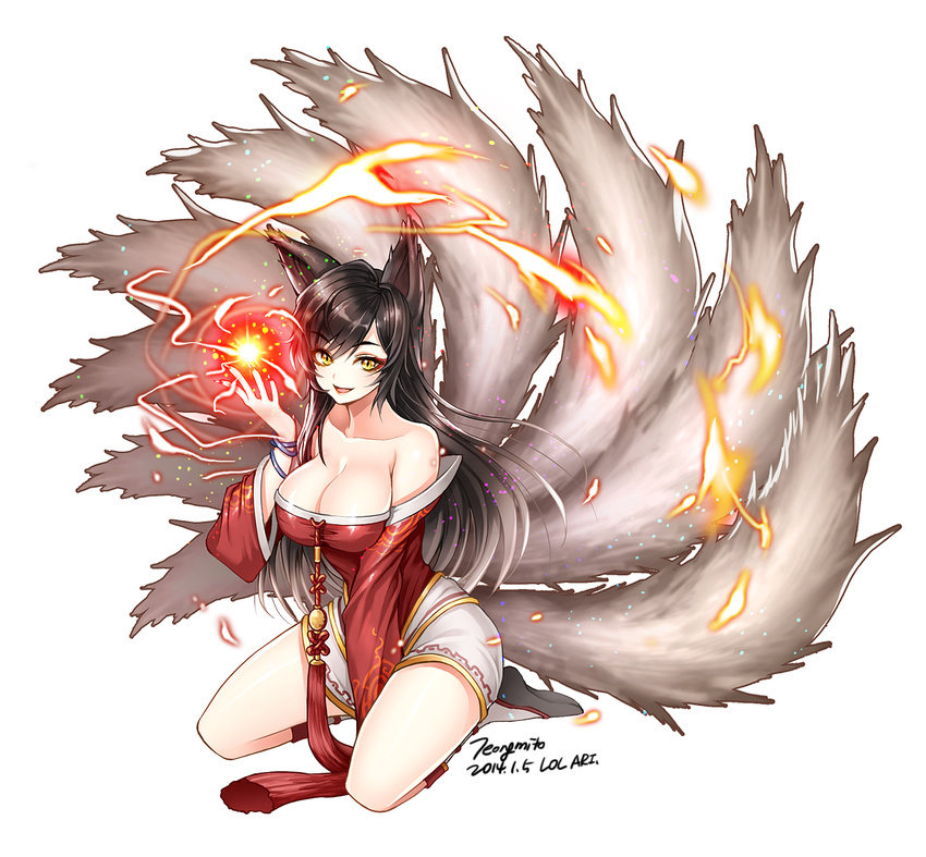 ahri animal_ears black_hair breasts cleavage detached_sleeves dress fire fox_ears fox_tail jeongmito korean_clothes large_breasts league_of_legends long_hair long_sleeves looking_at_viewer multiple_tails open_mouth smile solo tail white_background yellow_eyes
