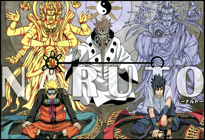 3boys asura beard black_hair blonde_hair blue_eyes extra_arms facial_hair facial_mark forehead_protector headband horns japanese_clothes kishimoto_masashi konohagakure_symbol long_beard male male_focus monk multi_arm multi_limb multiple_arms multiple_boys naruto ninja official_art ootsutsuki_hagoromo priest red_hair rikudou_sennin rinnegan sandals scroll shakujou short_hair spiked_hair staff uchiha_sasuke uzumaki_naruto yin_yang