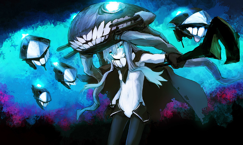 bee_(deadflow) blue_eyes bodysuit cape gloves glowing glowing_eyes hat highres kantai_collection long_hair looking_at_viewer monster pale_skin shinkaisei-kan silver_hair solo traditional_media wo-class_aircraft_carrier