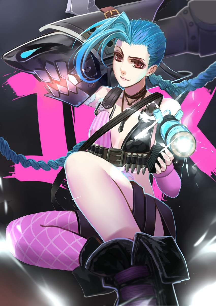 asymmetrical_legwear blue_hair boots braid brown_eyes citemer gun highres holding holding_weapon jinx_(league_of_legends) league_of_legends long_hair looking_at_viewer rocket_launcher smile solo twin_braids weapon