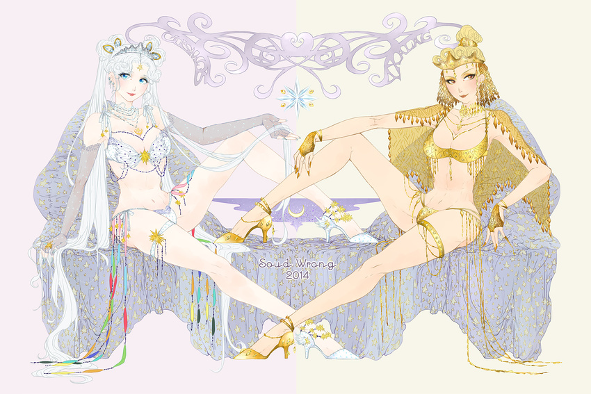 2girls anklet bare_legs bishoujo_senshi_sailor_moon blonde_hair blue_eyes bra diamond double_bun earrings elbow_gloves eyeshadow facial_mark fingerless_gloves forehead_mark full_body gem gloves gold hair_ornament hair_up high_heels jewelry long_hair makeup multiple_girls necklace ring sailor_cosmos sailor_galaxia see-through shoes sitting smile symmetry thigh_strap tiara underwear underwear_only very_long_hair white white_hair winged_shoes wings yangyieva yellow_eyes