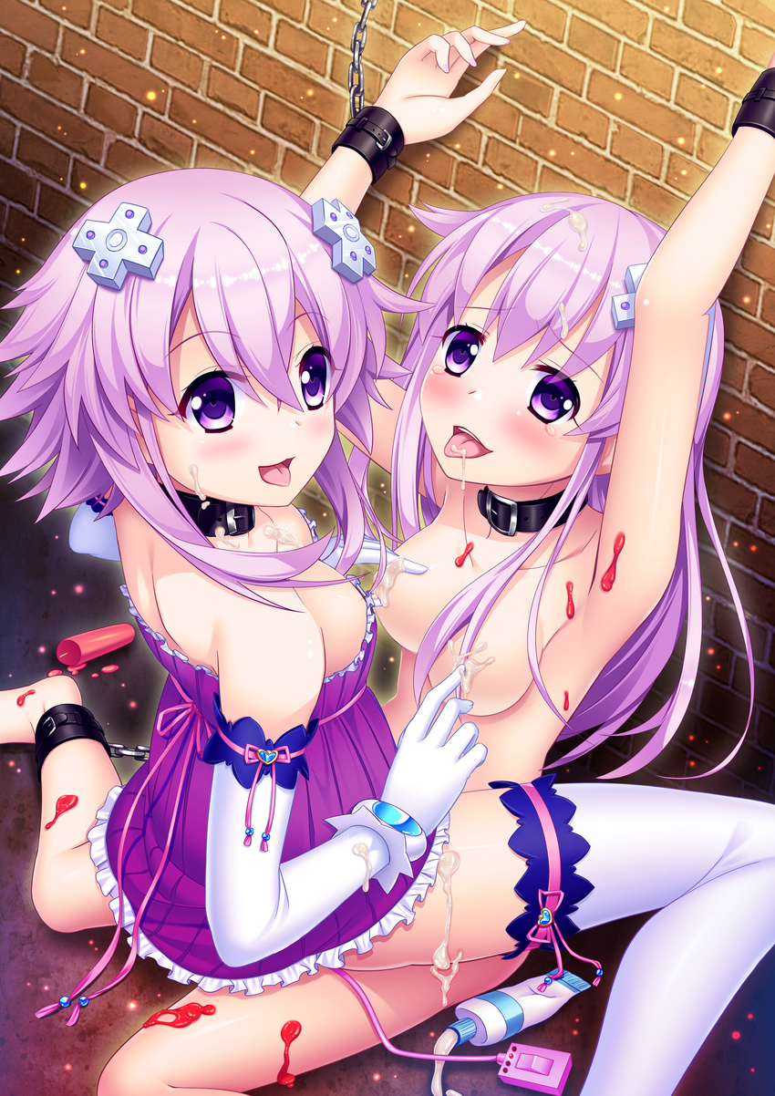 33paradox absurdres armpits bdsm blush bondage bound breasts brick_wall candle chain clothed_female_nude_female collar cuffs dress elbow_gloves gloves hair_ornament highres incest long_hair lotion medium_breasts multiple_girls nail_polish nepgear neptune_(choujigen_game_neptune) neptune_(series) nude purple_eyes purple_hair purple_nails restrained ribbon shackles siblings sisters sitting strapless strapless_dress suggestive_fluid tears thighhighs tongue tongue_out vibrator wariza wax white_legwear yuri