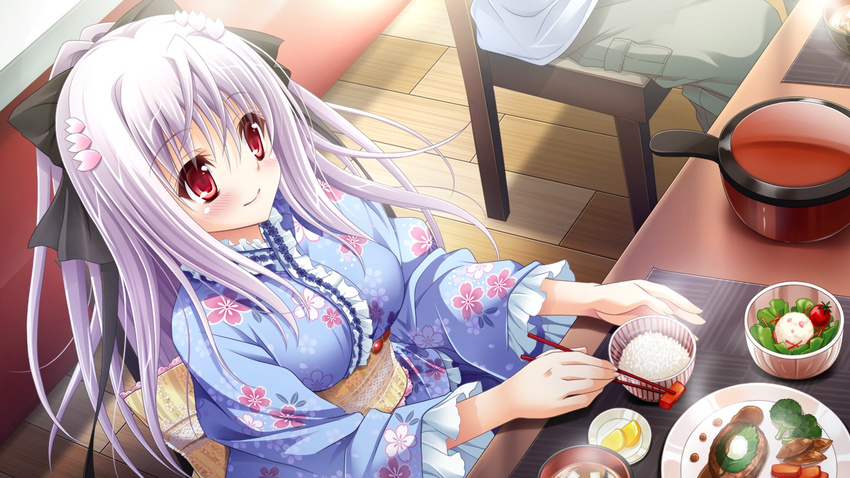 1girl 3-nin_iru! blush chair food game_cg japanese_clothes kimono long_hair mibuno_suzume purple_hair red_eyes sitting smile suzui_narumi