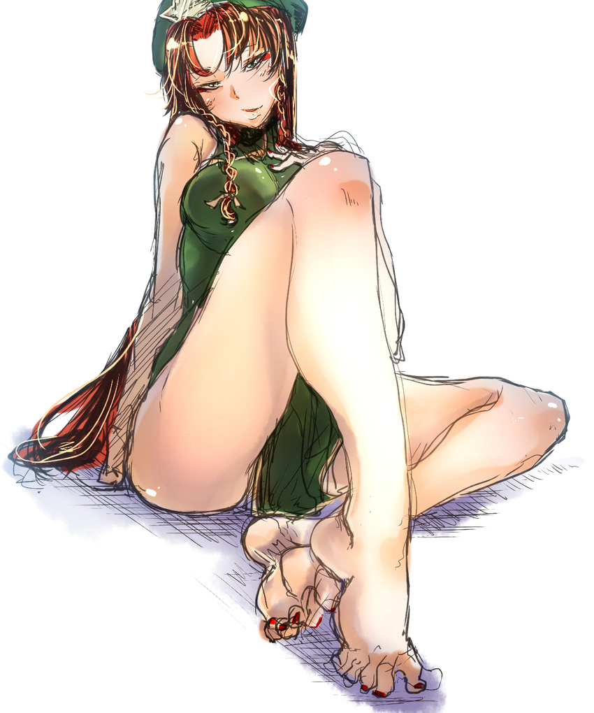 bakuya barefoot braid breasts china_dress chinese_clothes dirty_feet dress feet grey_eyes hand_on_own_chest hat highres hong_meiling large_breasts leg_up legs long_hair nail_polish red_hair seductive_smile simple_background sitting sketch smile soles solo star touhou very_long_hair white_background