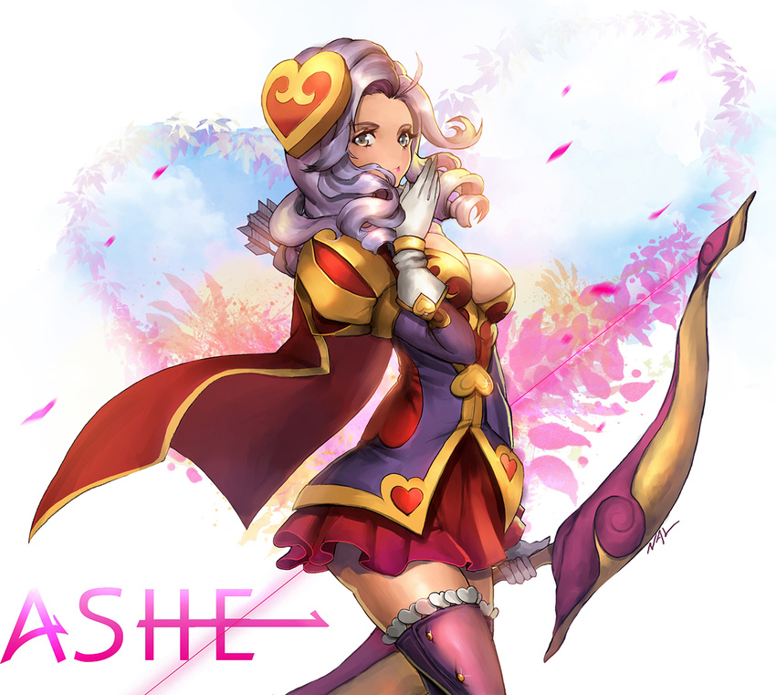 alternate_costume alternate_hairstyle arrow ashe_(league_of_legends) bow_(weapon) breasts cape character_name curly_hair gloves grey_eyes grey_hair heartseeker_ashe holding holding_weapon large_breasts league_of_legends long_hair long_sleeves nal_(nal's_pudding) red_skirt skirt solo weapon white_gloves