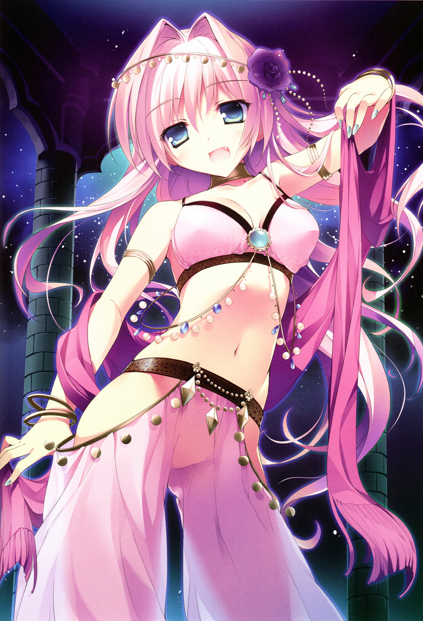 1girl absurdres armlet bracelet breasts copyright_request dancer fang flower grey_eyes hair_flower hair_ornament harem_pants highres jewelry karory long_hair lots_of_jewelry midriff nail_polish navel night no_panties open_mouth pants pink_hair sash see-through sky solo star_(sky) starry_sky