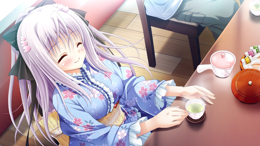 1girl 3-nin_iru! blush chair eyes_closed game_cg japanese_clothes kimono long_hair mibuno_suzume purple_hair sitting suzui_narumi
