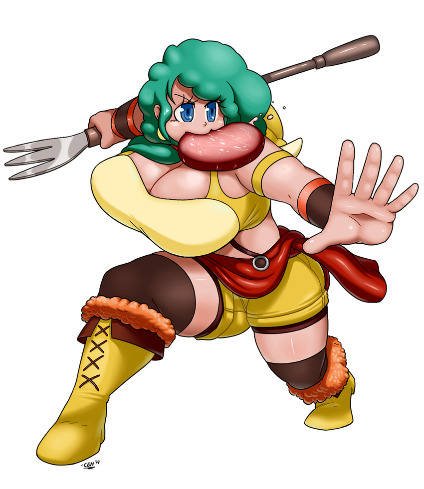 1girl blue_eyes breasts food fork green_hair huge_breasts lily_enstomach meat one_piece sprite37