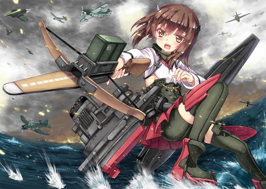 aircraft airplane bike_shorts blush bow_(weapon) brown_eyes brown_hair crossbow headband headgear kantai_collection north_abyssor open_mouth short_hair skirt solo taihou_(kantai_collection) thighhighs weapon
