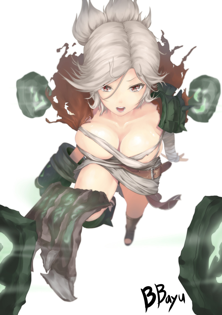 absurdres artist_name bad_id bad_pixiv_id bandages bbayu belt breasts brown_eyes dress folded_ponytail grey_hair highres large_breasts league_of_legends looking_at_viewer open_mouth riven_(league_of_legends) shirt solo sword torn_clothes torn_shirt weapon white_background