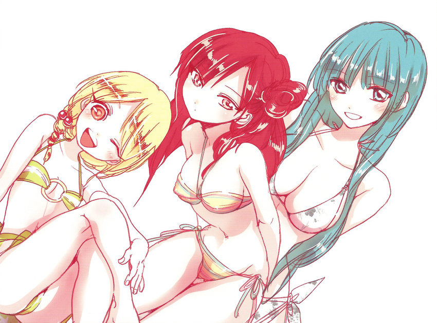 bikini blonde_hair blue_eyes blue_hair hair_bun magi_the_labyrinth_of_magic morgiana multiple_girls one_eye_closed orange_eyes pisti red_eyes red_hair swimsuit yamuraiha