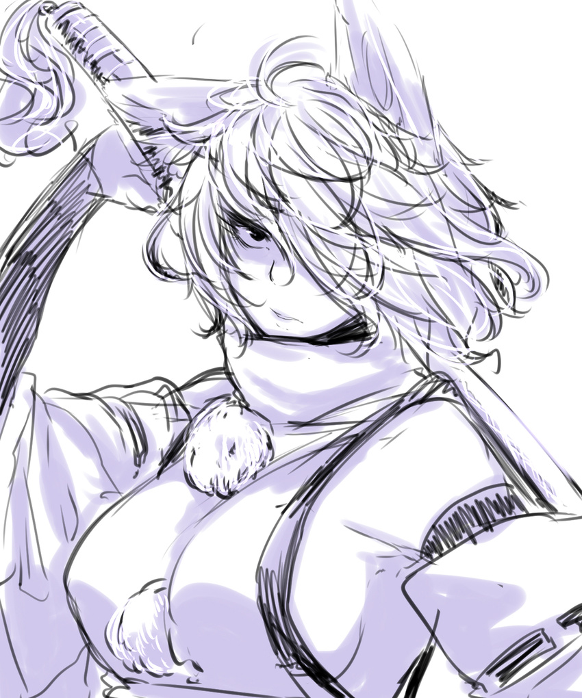 animal_ears bakuya breasts cleavage detached_sleeves glaring hair_over_one_eye highres inubashiri_momiji large_breasts messy_hair monochrome no_hat no_headwear over_shoulder sideboob simple_background sketch solo sword sword_over_shoulder touhou weapon weapon_over_shoulder wolf_ears
