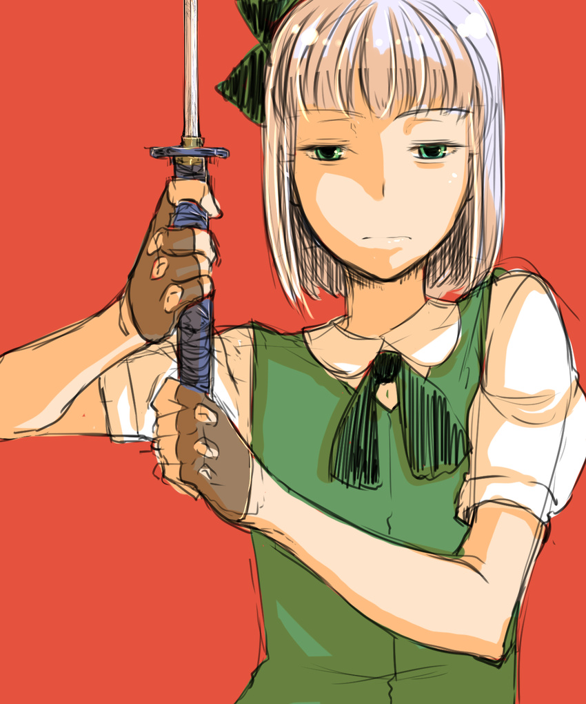 bakuya blouse expressionless fingerless_gloves gloves green_eyes headband highres katana konpaku_youmu red_background short_hair silver_hair simple_background sketch solo sword touhou upper_body vest weapon white_hair