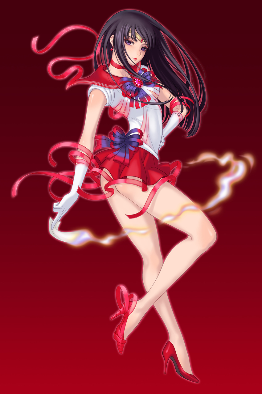 back_bow bare_legs bishoujo_senshi_sailor_moon bishoujo_senshi_sailor_moon_crystal black_hair bow choker earrings eclosion elbow_gloves expressionless full_body gloves hand_on_hip henshin high_heels highres hino_rei jewelry long_hair magical_girl ofuda pleated_skirt purple_eyes red_background red_sailor_collar red_skirt ribbon sailor_collar sailor_mars sailor_senshi_uniform skirt solo tiara white_gloves