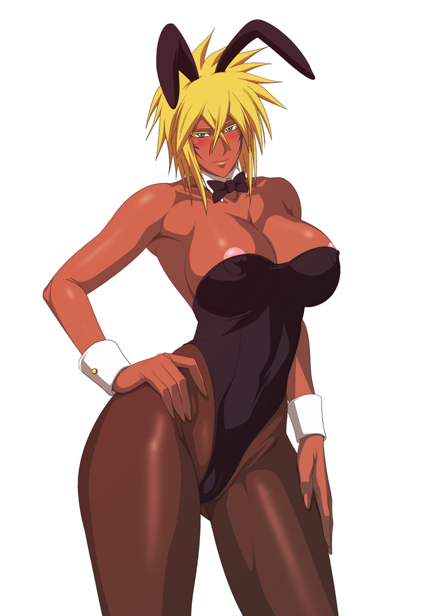 1girl areola_slip areolae bleach blonde_hair blush breasts bunnysuit cleavage dark_skin detached_collar embarrassed facial_mark green_eyes large_breasts lime_(purple_haze) nipple_slip nipples pantyhose short_hair solo thick_thighs thighs tier_harribel wide_hips