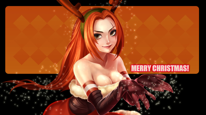 alternate_costume bad_id bad_pixiv_id black_gloves breasts brown_eyes christmas cleavage dress gloves highres kaka_cheung katarina_du_couteau league_of_legends long_hair medium_breasts orange_hair scar slay_belle_katarina smile solo strapless strapless_dress