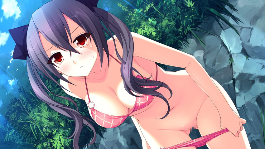 1girl artist_request bikini black_hair breasts censored character_request cleavage endless_dungeon game_cg kinta_(distortion) long_hair pussy red_eyes rosebleu shirakawa_kou solo source_request swimsuit twintails undressing