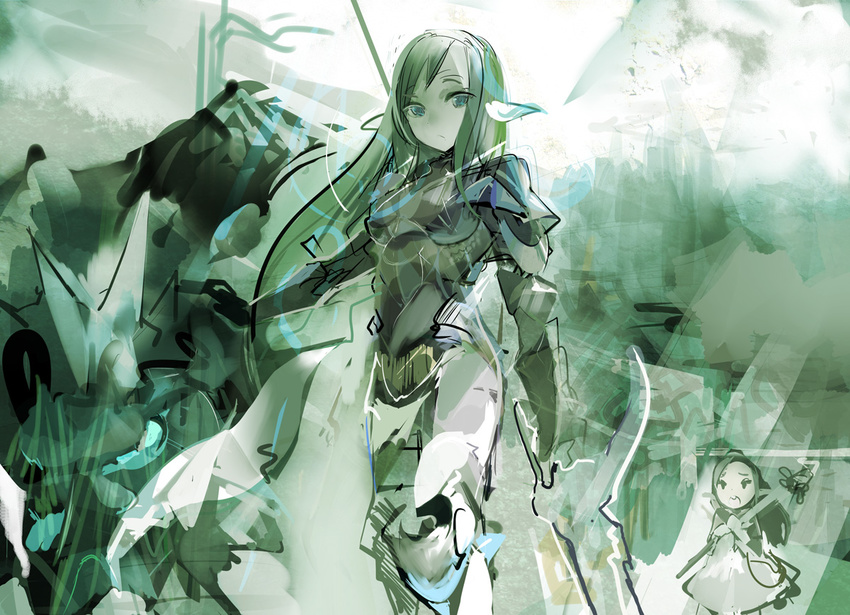 armor breasts elf long_hair medium_breasts multiple_girls pointy_ears sketch uturo weapon