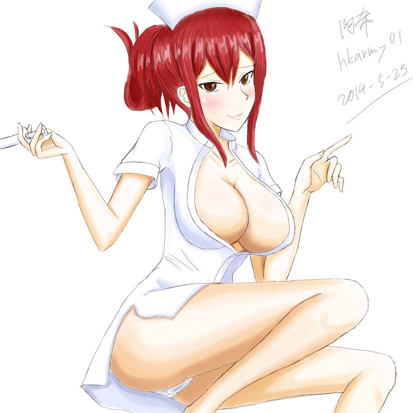 1girl blush breasts cleavage erza_scarlet fairy_tail highres large_breasts no_bra nurse red_hair simple_background solo white_background