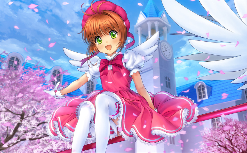 antenna_hair blush brown_hair cardcaptor_sakura dress fuuin_no_tsue green_eyes hat highres kinomoto_sakura magical_girl mutsuki_(moonknives) open_mouth pink_hat short_hair smile solo wand wings