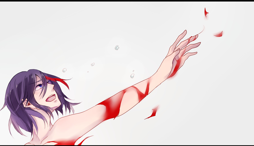 bad_id bad_pixiv_id black_hair blue_eyes crying highres kill_la_kill life_fiber mako_(kurumi0313) matoi_ryuuko multicolored_hair nude open_mouth reaching short_hair solo spoilers two-tone_hair