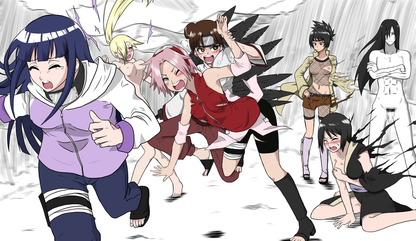 6+girls ;o bar_censor belt blush breasts censored cleavage crossed_arms dissolving_clothes expressionless fleeing haruno_sakura headband_around_neck highres himajin_noizu hyuuga_hinata long_hair looking_down medium_breasts mitarashi_anko mosaic_censoring multiple_girls muscle naruto naruto_(series) nipples nude one_eye_closed orochimaru pale_skin pants penis round_teeth running sandals shirt shizune_(naruto) shorts teeth tenten toes torn_clothes torn_shirt what wince yamanaka_ino