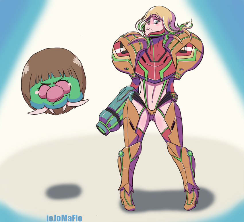 arm_cannon artist_name blonde_hair blue_eyes boots brown_hair cosplay josh_floyd kamui_(kill_la_kill) kill_la_kill mankanshoku_mako mankanshoku_mako_(cosplay) metroid metroid_(creature) parody revealing_clothes samus_aran solo suspenders thigh_boots thighhighs varia_suit weapon wig