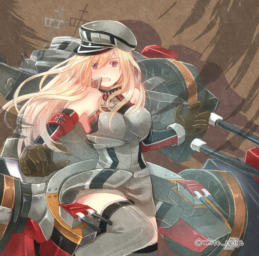 bismarck_(kantai_collection) blonde_hair blue_eyes blush breasts brown_gloves cannon detached_sleeves gloves grey_legwear hat kantai_collection large_breasts long_hair military military_hat military_uniform peaked_cap serino_itsuki solo thighhighs turret uniform