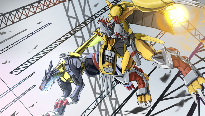 beam claws digimon digimon_adventure dk_(13855103534) exhaust fire gauntlets grey_background helmet horns light machinery metalgarurumon monster no_humans sharp_teeth simple_background tail teeth wargreymon wings