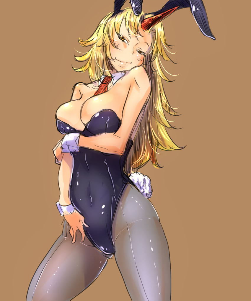 animal_ears bakuya between_breasts blonde_hair breast_hold breasts bunny_ears bunnysuit cleavage cuffs hand_on_thigh highres horn hoshiguma_yuugi large_breasts long_hair looking_at_viewer messy_hair navel necktie pantyhose seductive_smile see-through simple_background skin_tight smile solo touhou yellow_eyes