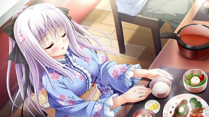 1girl 3-nin_iru! blush chair eyes_closed food game_cg japanese_clothes kimono long_hair mibuno_suzume open_mouth purple_hair sitting suzui_narumi