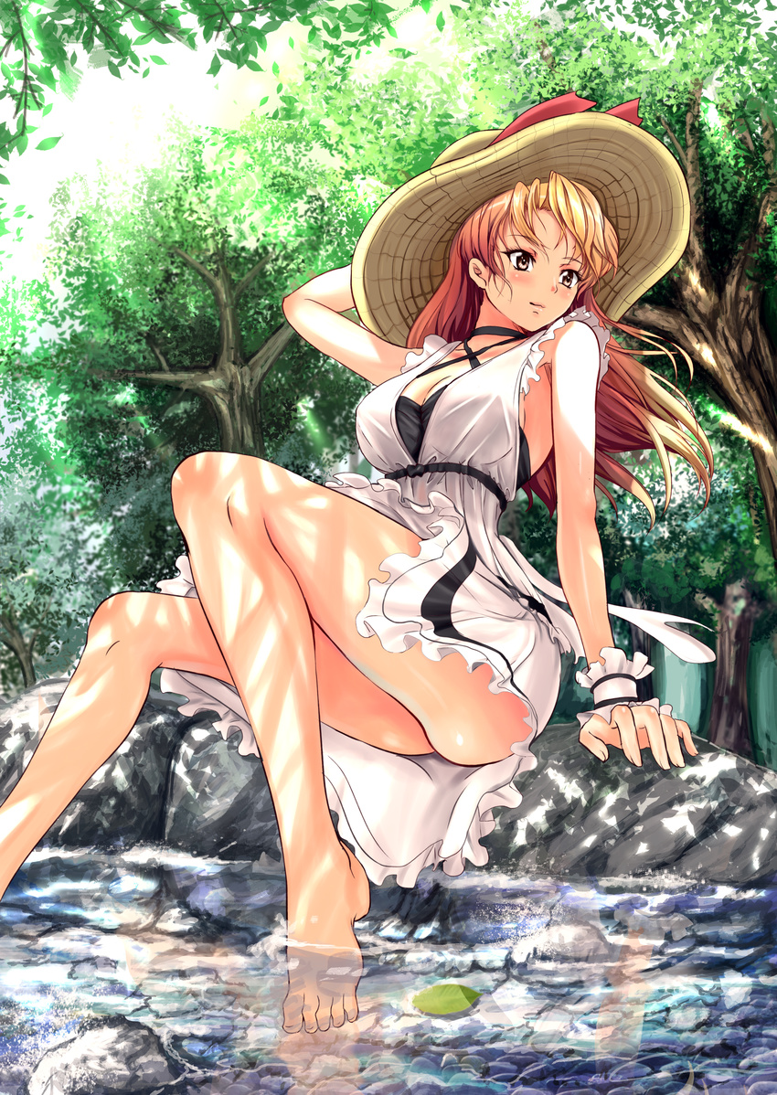 absurdres arm_support barefoot breasts brown_eyes brown_hair day dress forest hat highres large_breasts legs long_hair nature original revision rock sitting sitting_on_rock soaking_feet solo soyokaze stream sundress tree upskirt water wind wind_lift