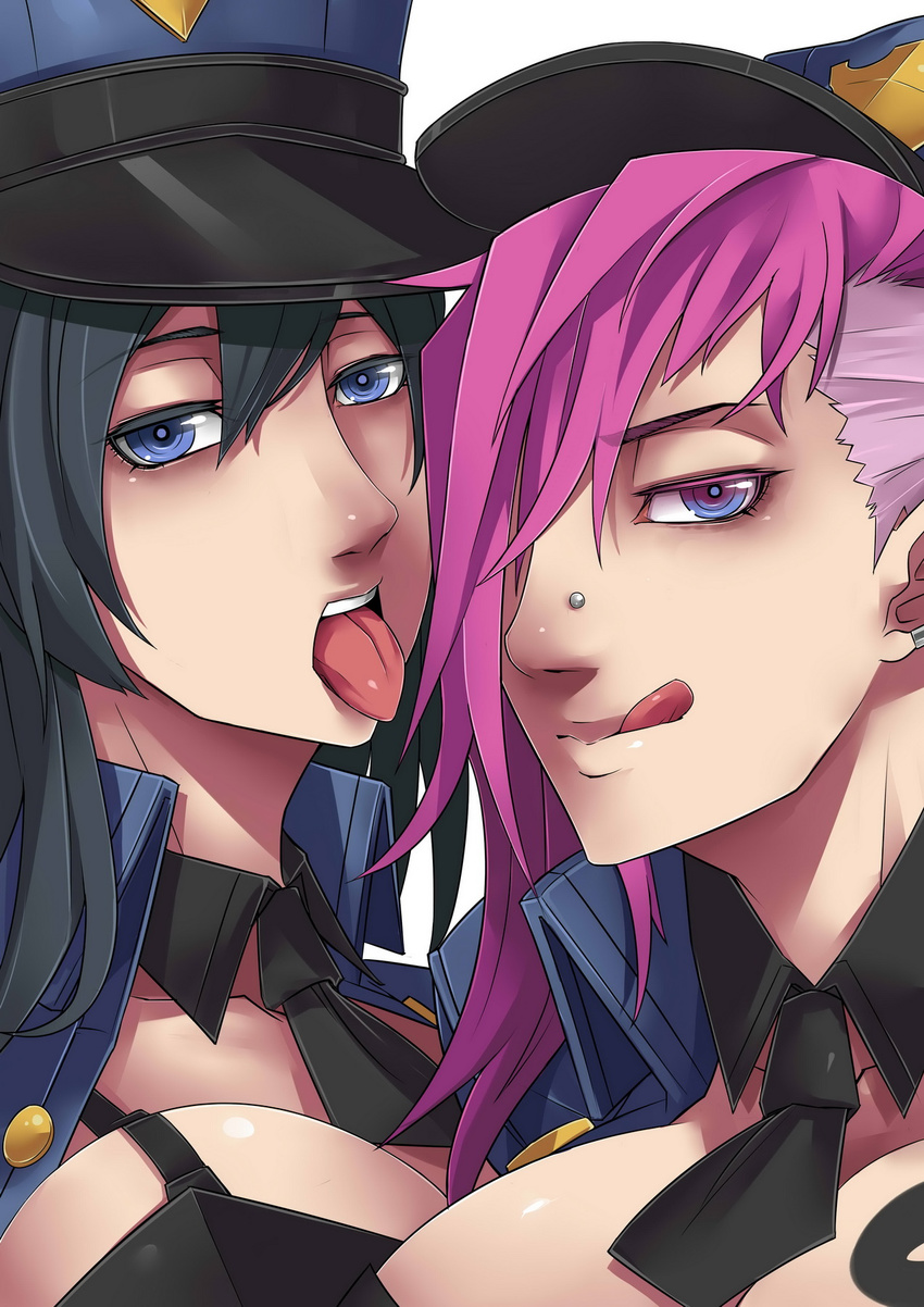 :q alternate_costume blue_eyes breasts caitlyn_(league_of_legends) cleavage close-up exaxuxer face hat highres large_breasts league_of_legends multiple_girls officer_caitlyn officer_vi pink_hair police police_hat police_uniform policewoman purple_eyes tonfa tongue tongue_out uniform vi_(league_of_legends) weapon