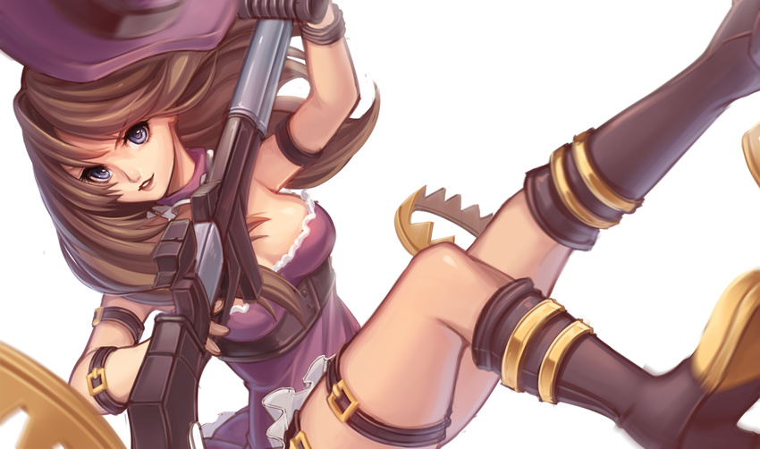 blue_eyes boots brown_hair caitlyn_(league_of_legends) dress gun hat holding holding_weapon kaka_cheung league_of_legends long_hair purple_dress smile solo weapon white_background