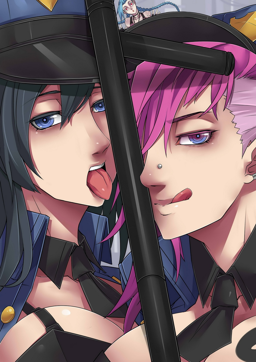 :o alternate_costume blue_eyes breasts caitlyn_(league_of_legends) cleavage close-up exaxuxer face hat highres jinx_(league_of_legends) large_breasts league_of_legends multiple_girls naughty_face officer_caitlyn officer_vi pink_hair police police_hat police_uniform policewoman purple_eyes tonfa tongue uniform vi_(league_of_legends) weapon
