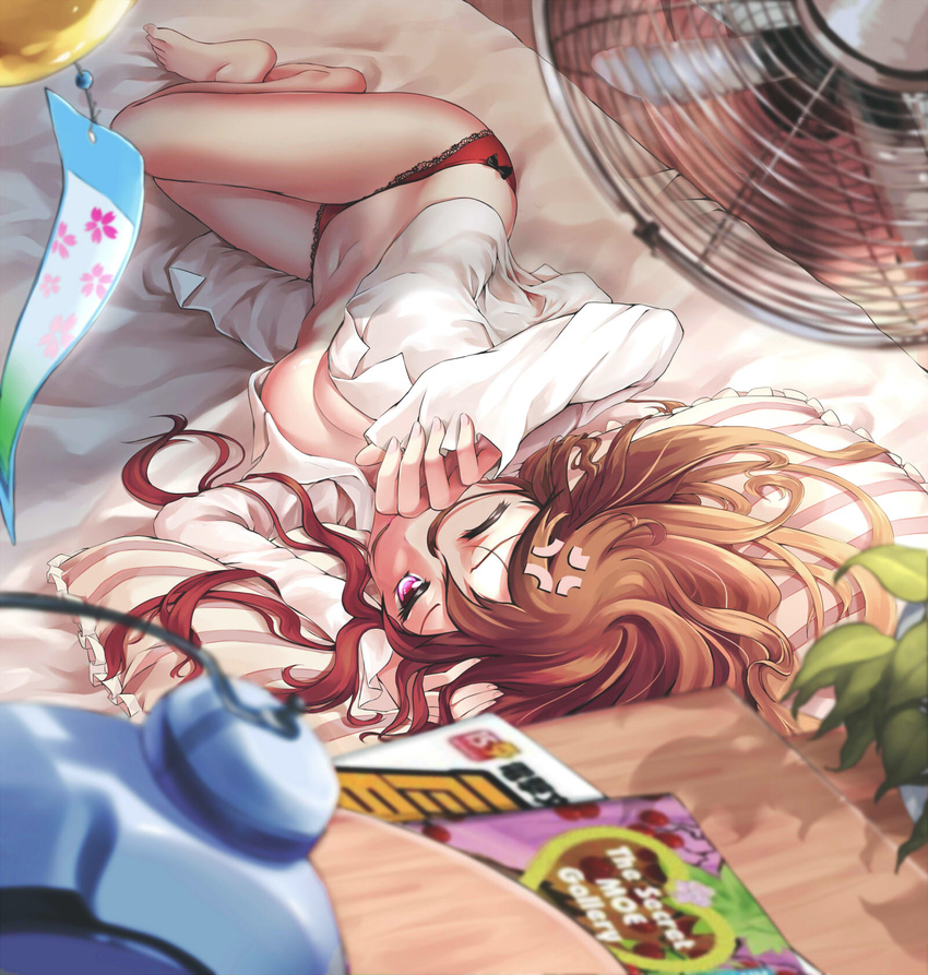 alarm_clock anger_vein annoyed bad_id bad_pixiv_id barefoot breasts brown_hair cleavage clock fan highres lying medium_breasts navel no_bra on_side one_eye_closed open_clothes open_shirt original panties purple_eyes red_panties shirt solo underwear wind_chime yomi_yasou