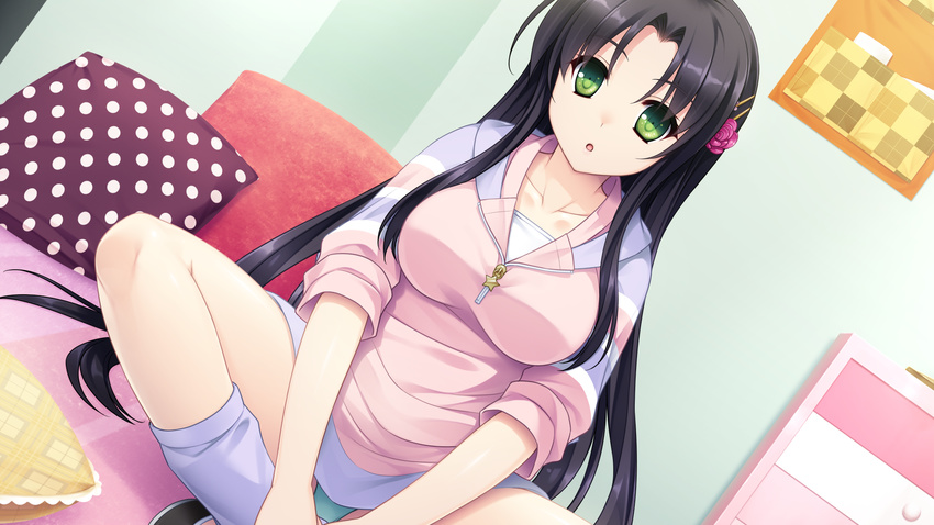 1girl black_hair breasts face game_cg green_eyes hair_ornament hello_lady! highres large_breasts legs long_hair looking_at_viewer nose open_mouth panties pantyshot pillow saeki_hokuto serious sitting skirt socks solo thighs underwear upskirt wall zipper