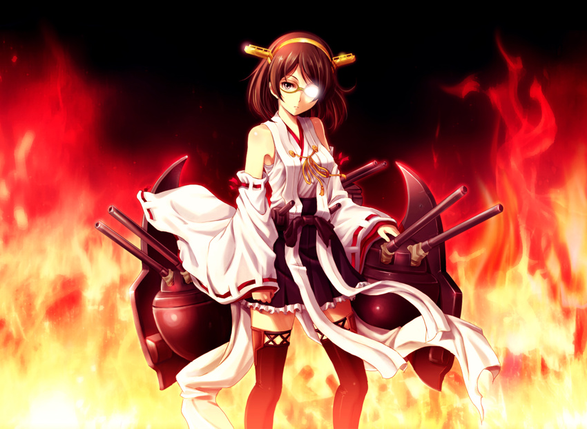 black_legwear boots brown_hair clenched_hand detached_sleeves fire flame glasses hairband half_opaque_glasses kantai_collection kirishima_(kantai_collection) machinery nontraditional_miko purple_eyes ribbon-trimmed_sleeves ribbon_trim semi-rimless_eyewear shian_(my_lonly_life.) solo standing thigh_boots thighhighs under-rim_eyewear