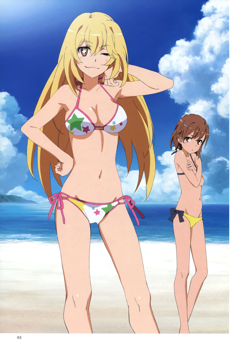 absurdres beach bikini breast_envy breasts cleavage cloud covering covering_chest crossed_arms day hand_on_hip highres image_sample medium_breasts misaka_mikoto multiple_girls navel ocean official_art one_eye_closed print_bikini scan shiny shiny_skin shokuhou_misaki side-tie_bikini sky smile smug star star_print swimsuit tanaka_yuuichi to_aru_kagaku_no_railgun to_aru_majutsu_no_index water yandere_sample