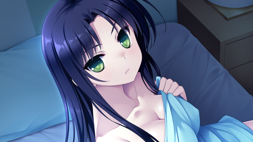 1girl bare_shoulders bed bed_sheet blue_hair blush breasts collarbone face game_cg green_eyes hello_lady! highres large_breasts long_hair looking_at_viewer nose nude pillow saeki_hokuto serious solo