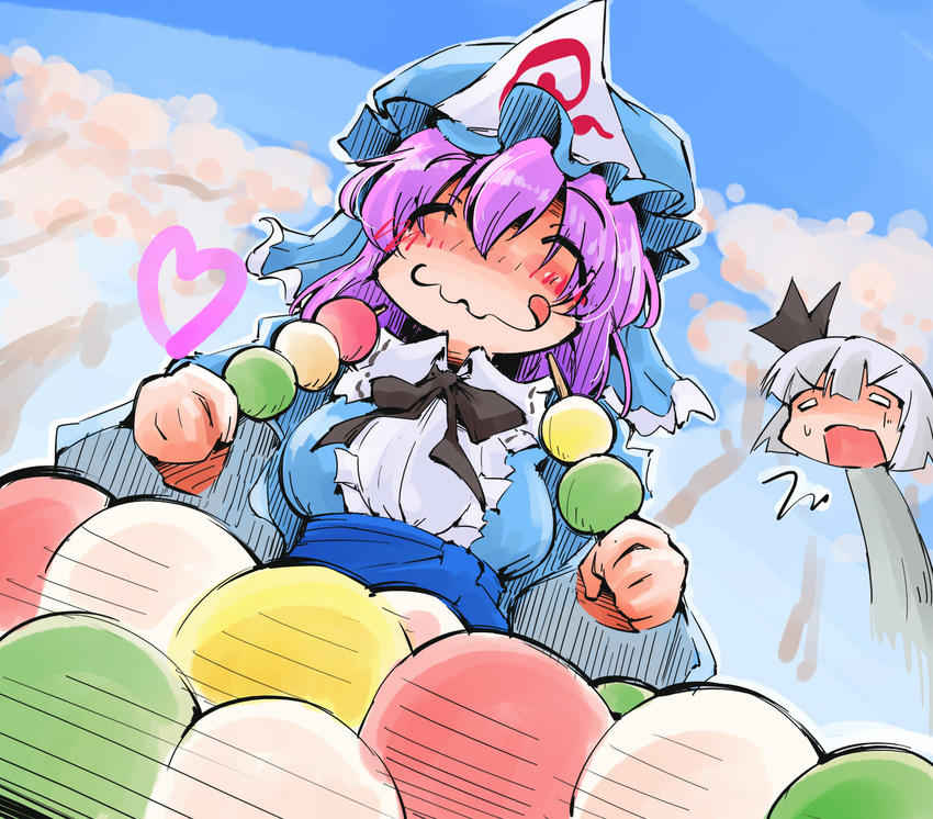 blue_dress blue_sky cherry_blossoms dango day dress eating food hair_ribbon hat heart highres konpaku_youmu licking_lips multiple_girls open_mouth pink_hair ribbon saigyouji_yuyuko sash shinapuu silver_hair sky tongue tongue_out touhou tree triangular_headpiece veil wagashi