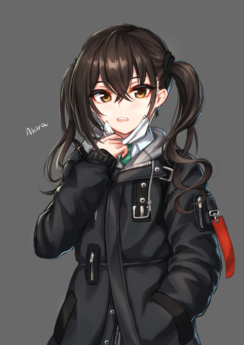 1girl absurdres baek_hyang bangs blush brown_eyes brown_hair character_name collared_shirt eyebrows_visible_through_hair green_neckwear grey_background grey_coat hair_between_eyes hand_in_pocket highres idolmaster idolmaster_cinderella_girls idolmaster_cinderella_girls_starlight_stage long_hair looking_at_viewer mask_pull mole mole_under_eye necktie open_mouth sharp_teeth shirt sidelocks simple_background solo sunazuka_akira surgical_mask teeth twintails upper_body white_shirt zipper