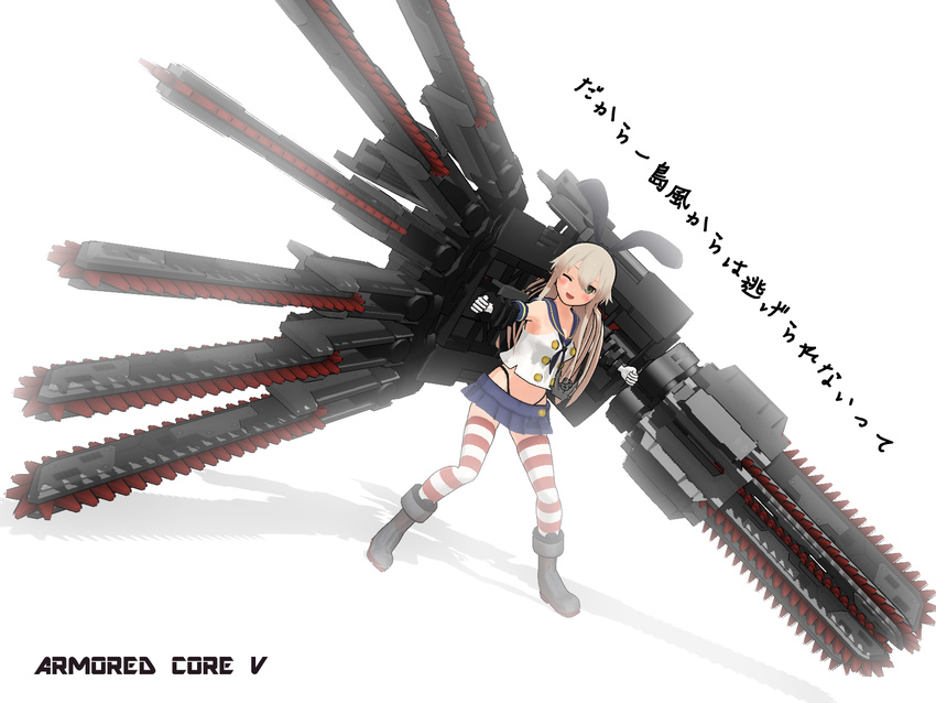 3d akino_masoho anchor animal_ears armored_core armored_core_5 black_panties blonde_hair blush_stickers bunny_ears chainsaw dual_wielding elbow_gloves gloves green_eyes grind_blade hair_ornament hairband highleg highleg_panties highres holding huge_weapon kantai_collection long_hair mikumikudance one_eye_closed panties shimakaze_(kantai_collection) skirt solo striped striped_legwear thighhighs ultimate_weapon_(armored_core) underwear weapon white_gloves