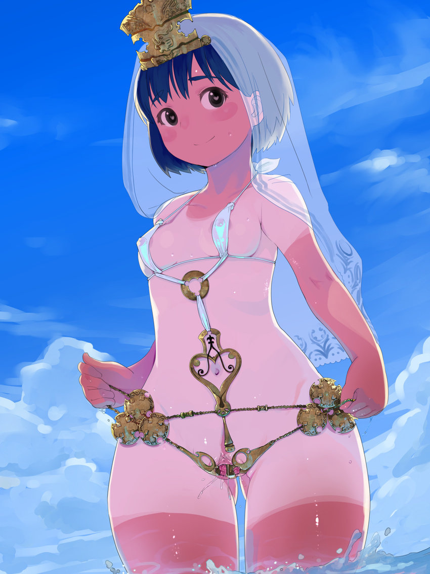 2equal8 bikini black_eyes blue_hair blush breasts censored cloud covered_nipples day dilation_insertion gold headdress heart heart-shaped_pupils highres looking_at_viewer micro_bikini mosaic_censoring navel one-piece_tan original pointless_censoring pussy pussy_juice see-through short_hair sky small_breasts smile solo spread_pussy sweat swimsuit symbol-shaped_pupils tan tanline urethra veil wading water