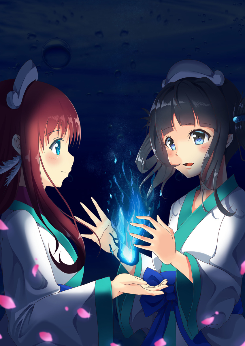 absurdres black_hair blue_eyes boy30422 brown_hair fire flame folded_hair hair_rings highres hitodama japanese_clothes long_hair mukaido_manaka multiple_girls nagi_no_asukara shiodome_miuna twintails