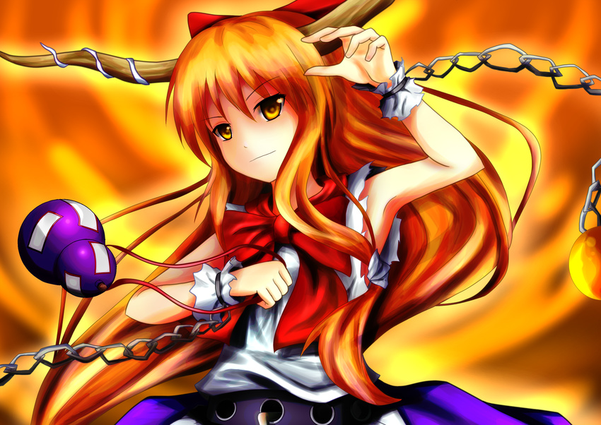 absurdres arm_up armpits belt bow chain cuffs eeryuu_(2004107) expressionless fiery_background fire gourd hair_bow highres horns ibuki_suika long_hair looking_at_viewer open_hand orange_hair shackles shirt sleeveless sleeveless_shirt solo sphere touhou upper_body very_long_hair wrist_cuffs yellow_eyes